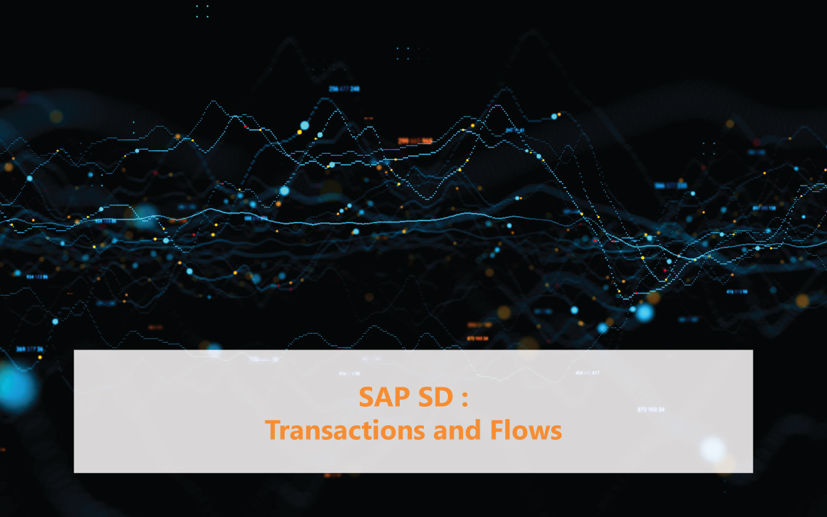 SAP SD (Sales and Distribution) transactions and flows, detailing key processes such as order management, billing, and delivery within the SAP system.