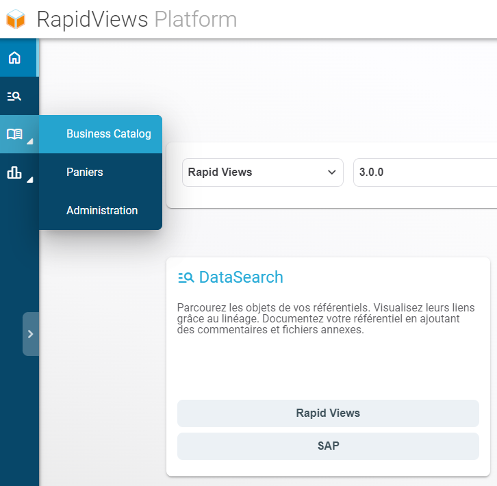 Sous-menu global de la plateforme RapidViews 5.1
