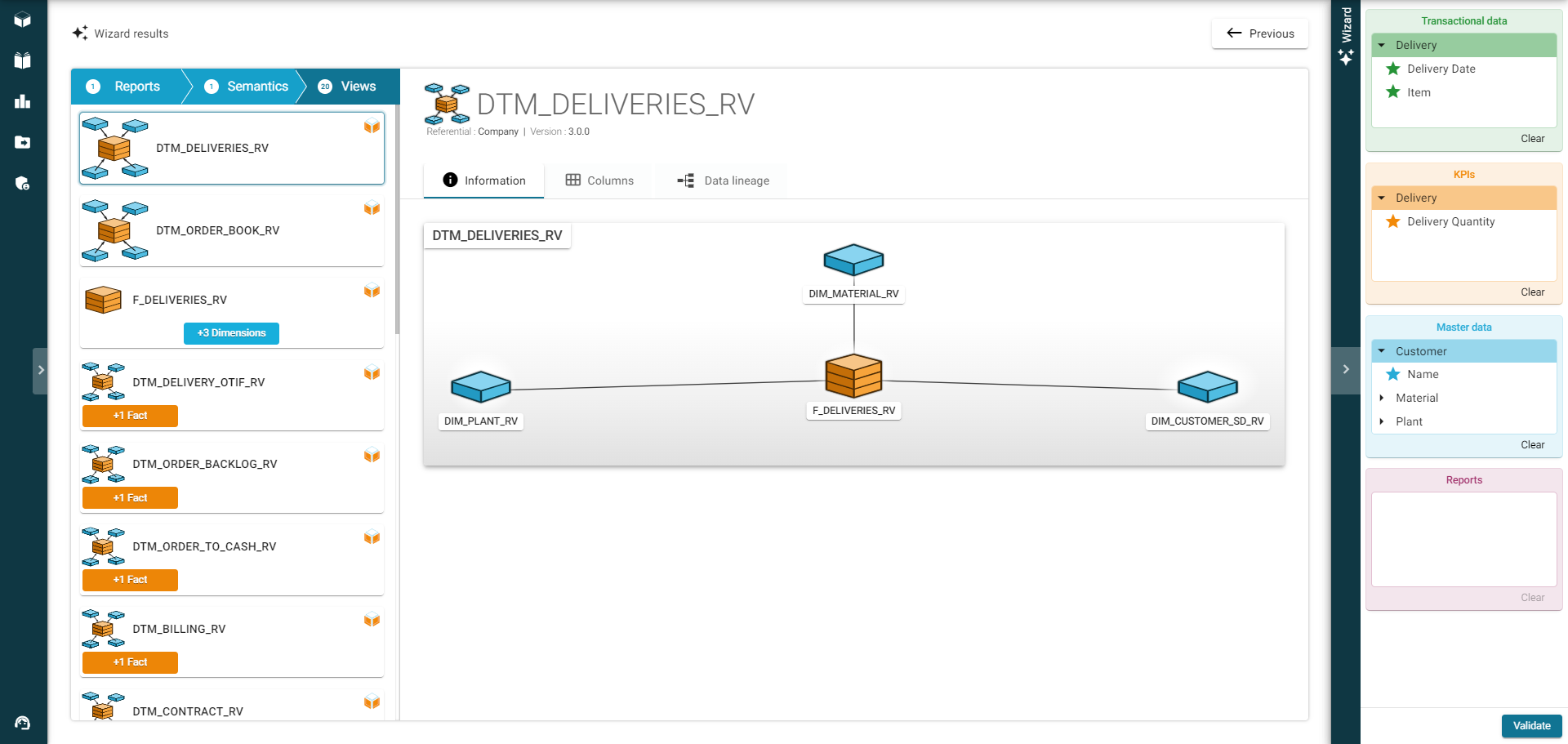 Interface de l’Analytics Wizard RapidViews, illustrant les étapes de génération de rapports SAP personnalisés.