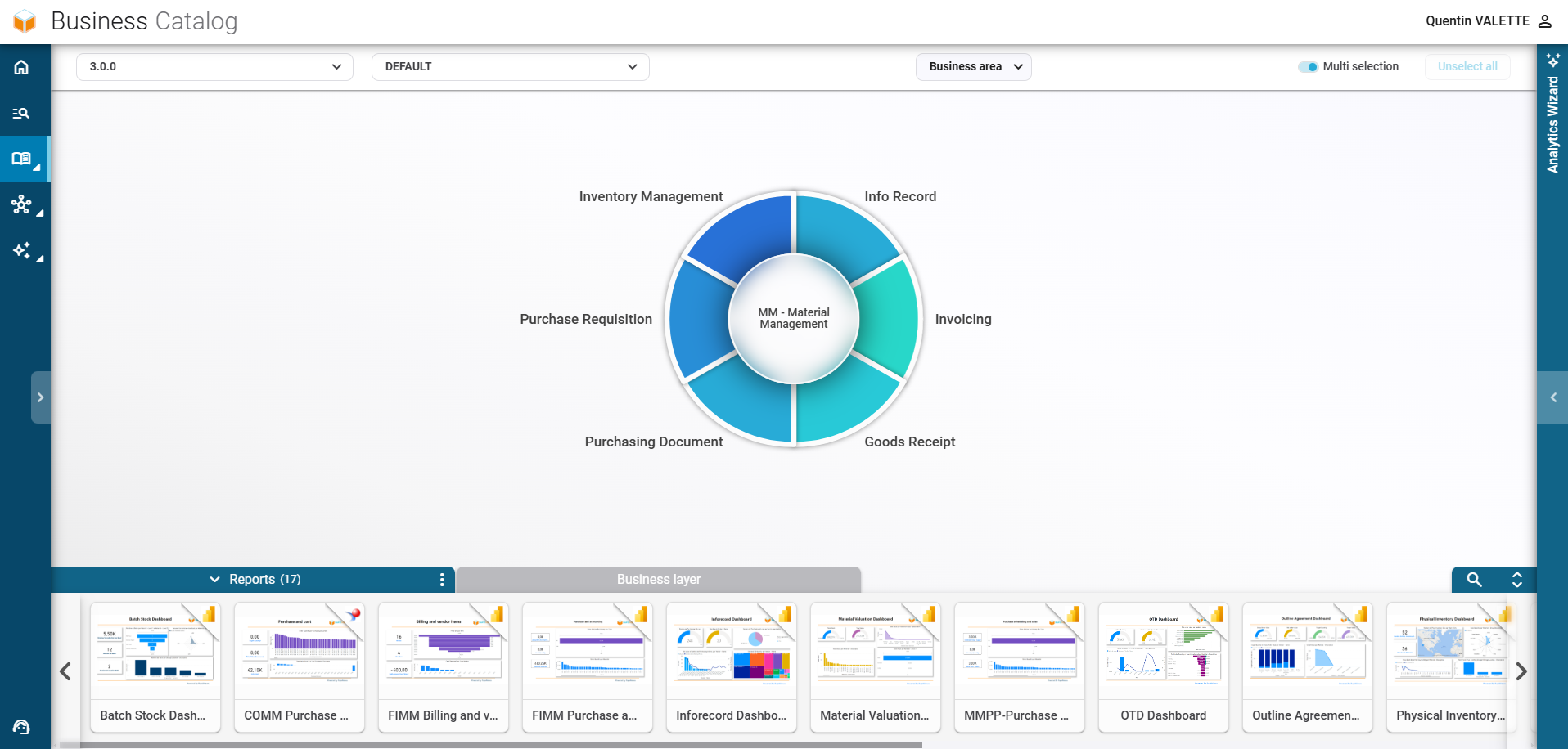 Interface du contenu métier Material Management dans RapidViews, pour la gestion des stocks SAP.