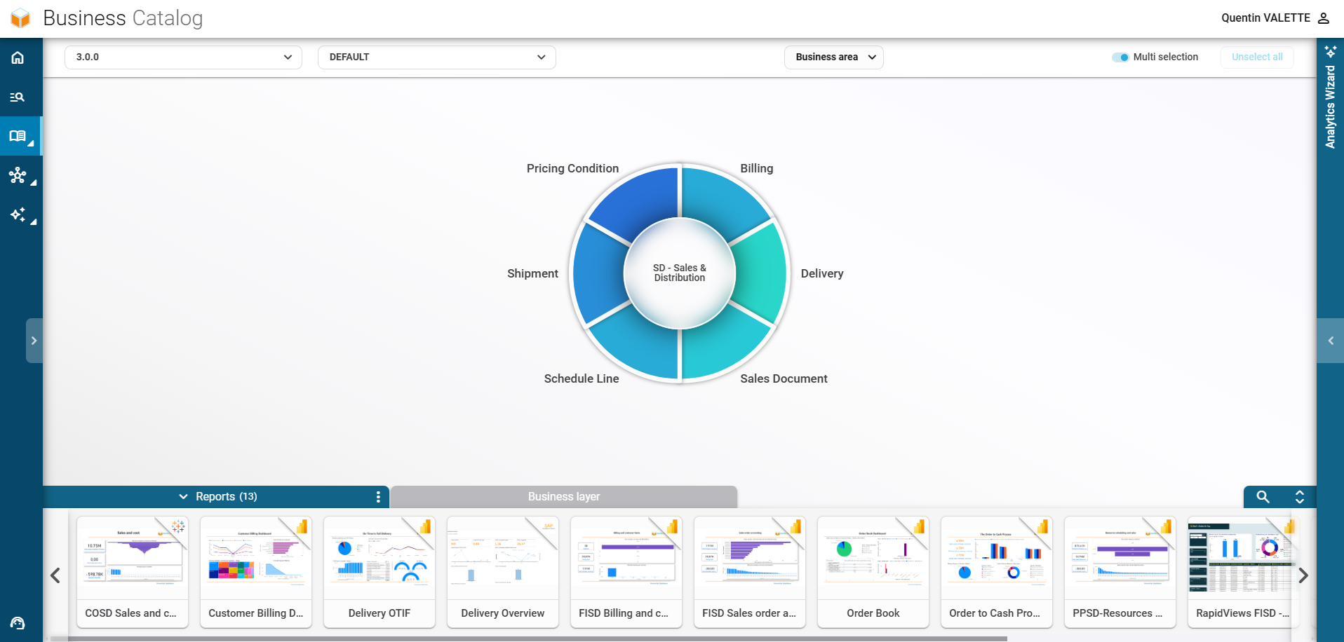 Interface du contenu Sales & Distribution dans RapidViews, illustrant la gestion des ventes SAP.