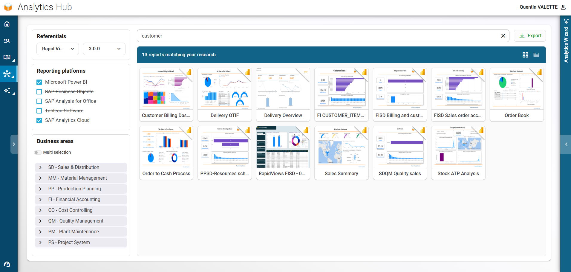 Interface du Analytics Hub de RapidViews, centralisant l'accès aux analyses et rapports SAP.