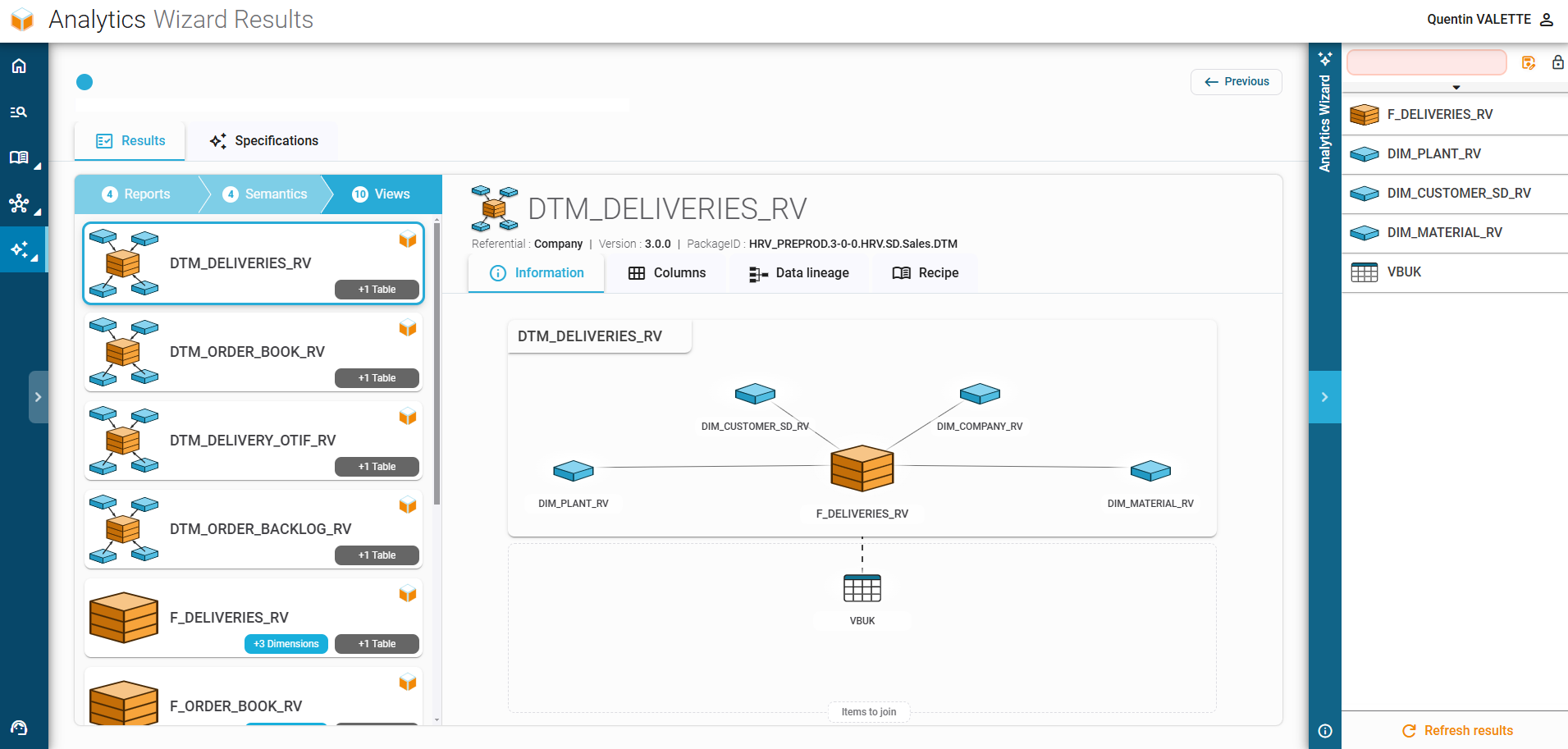 Interface du Wizard Analytics complet dans RapidViews, pour la création guidée de rapports SAP.