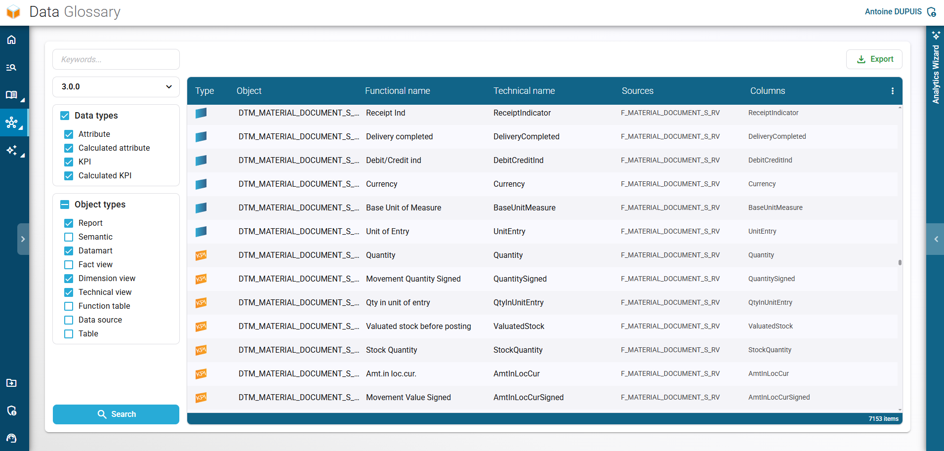 Interface PNG du Data Glossary de RapidViews, glossaire centralisé des termes et objets SAP.