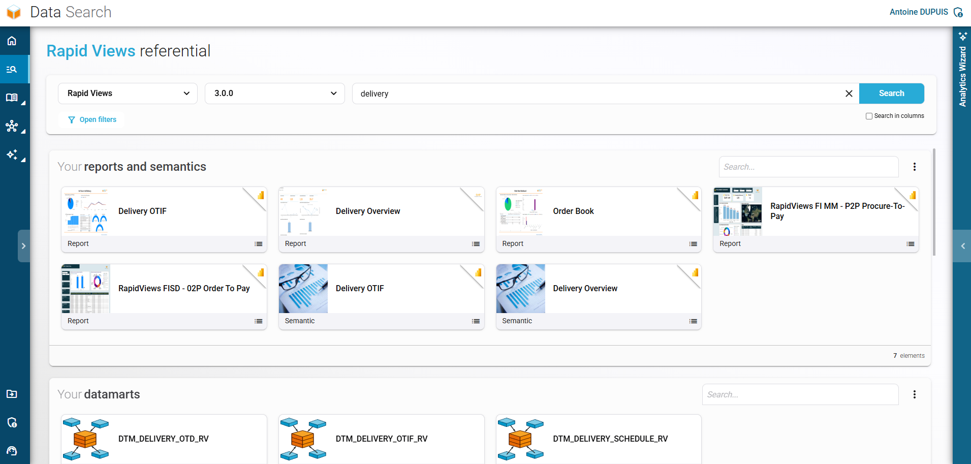 Interface du module Data Search global de RapidViews pour SAP, moteur de recherche centralisé des données.