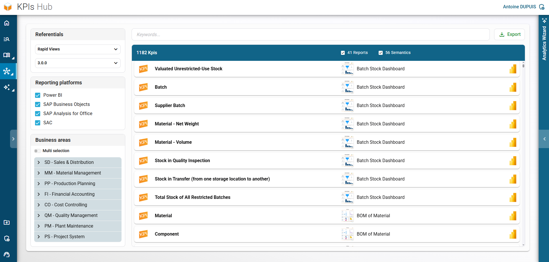 Interface du KPI Hub global dans RapidViews, vue centralisée des KPIs SAP.